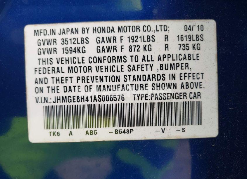 Photo 9 of 2010 Honda Fit SPORT (VIN JHMGE8H41AS006576)