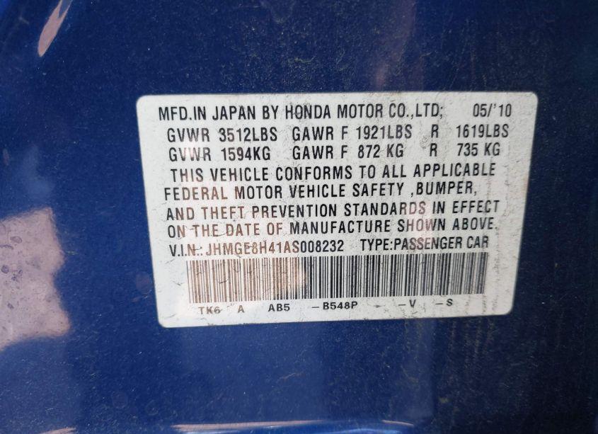 Photo 9 of 2010 Honda Fit SPORT (VIN JHMGE8H41AS008232)