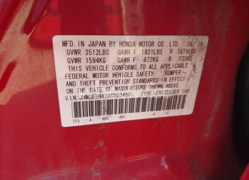 Photo 9 of 2010 Honda Fit SPORT (VIN JHMGE8H42AC003468)