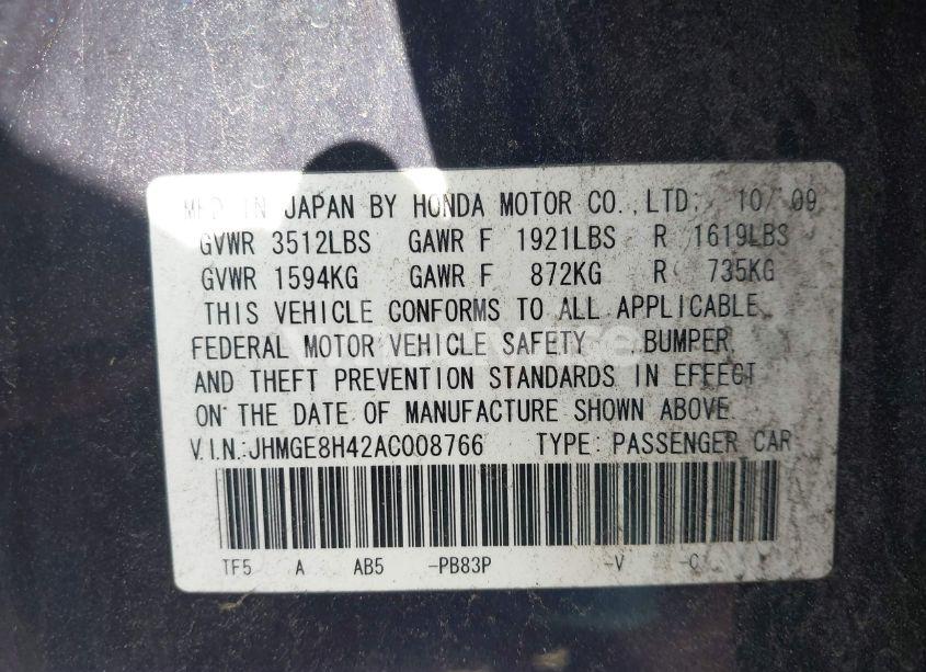 Photo 9 of 2010 Honda Fit SPORT (VIN JHMGE8H42AC008766)