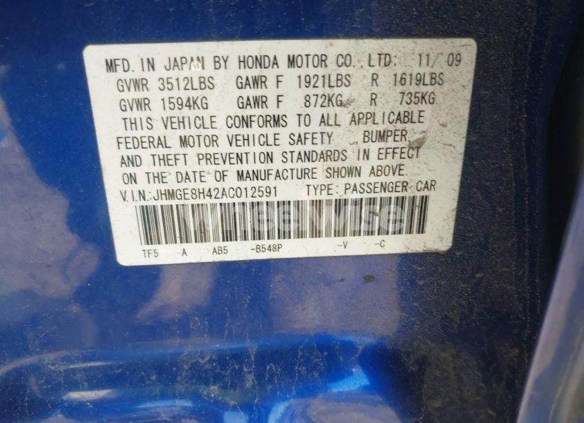 Photo 9 of 2010 Honda Fit SPORT (VIN JHMGE8H42AC012591)