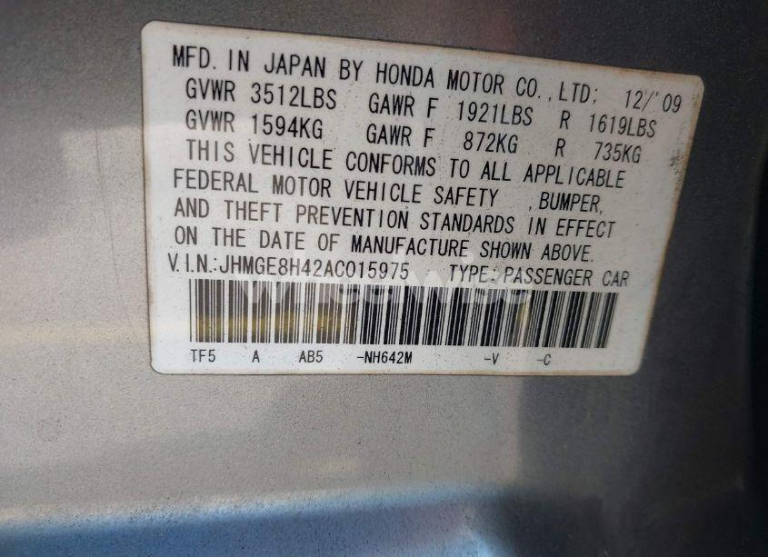 Photo 9 of 2010 Honda Fit SPORT (VIN JHMGE8H42AC015975)