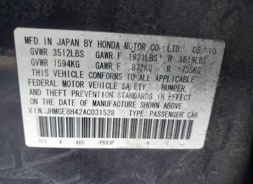 Photo 9 of 2010 Honda Fit SPORT (VIN JHMGE8H42AC031528)