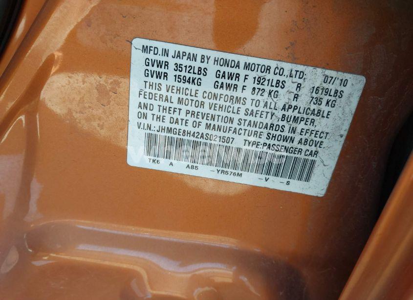 Photo 9 of 2010 Honda Fit SPORT (VIN JHMGE8H42AS021507)