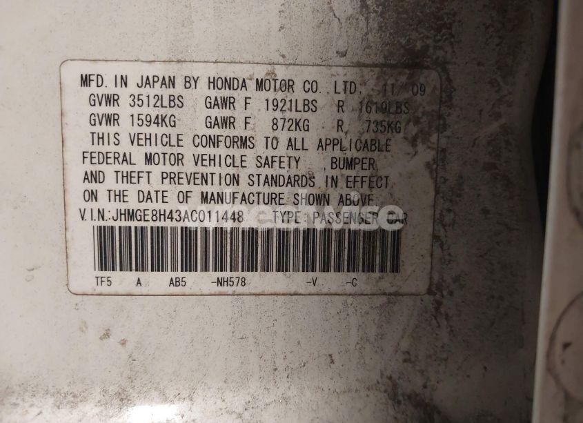 Photo 9 of 2010 Honda Fit SPORT (VIN JHMGE8H43AC011448)
