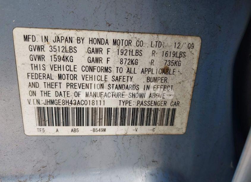 Photo 9 of 2010 Honda Fit SPORT (VIN JHMGE8H43AC018111)