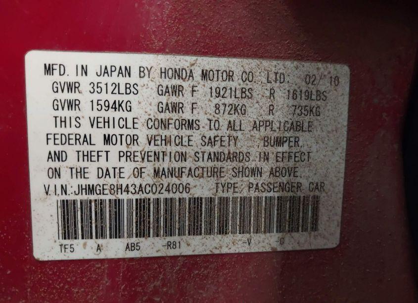 Photo 9 of 2010 Honda Fit SPORT (VIN JHMGE8H43AC024006)