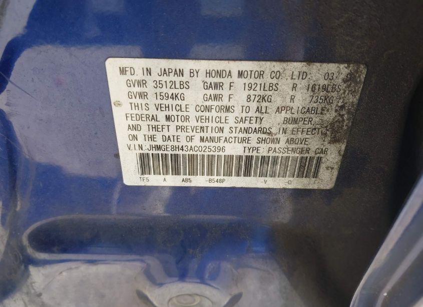 Photo 9 of 2010 Honda Fit SPORT (VIN JHMGE8H43AC025396)