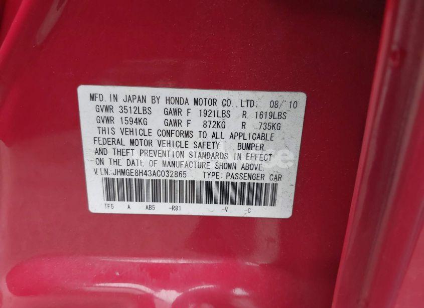 Photo 9 of 2010 Honda Fit SPORT (VIN JHMGE8H43AC032865)