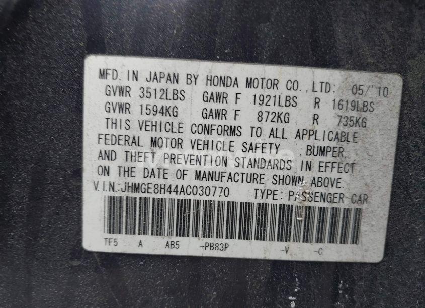 Photo 9 of 2010 Honda Fit SPORT (VIN JHMGE8H44AC030770)