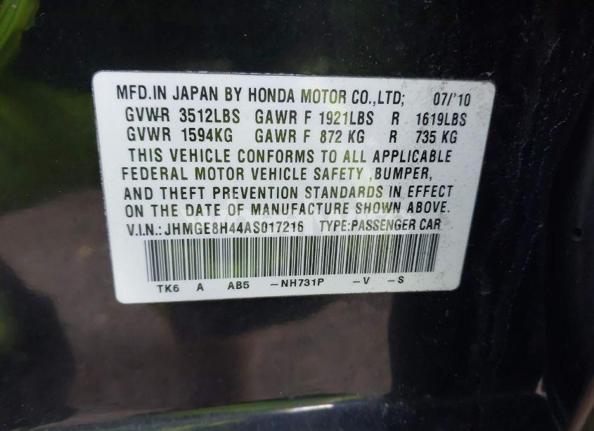 Photo 9 of 2010 Honda Fit SPORT (VIN JHMGE8H44AS017216)