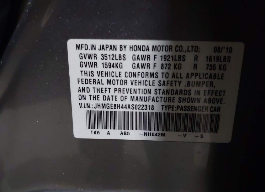 Photo 9 of 2010 Honda Fit SPORT (VIN JHMGE8H44AS022318)