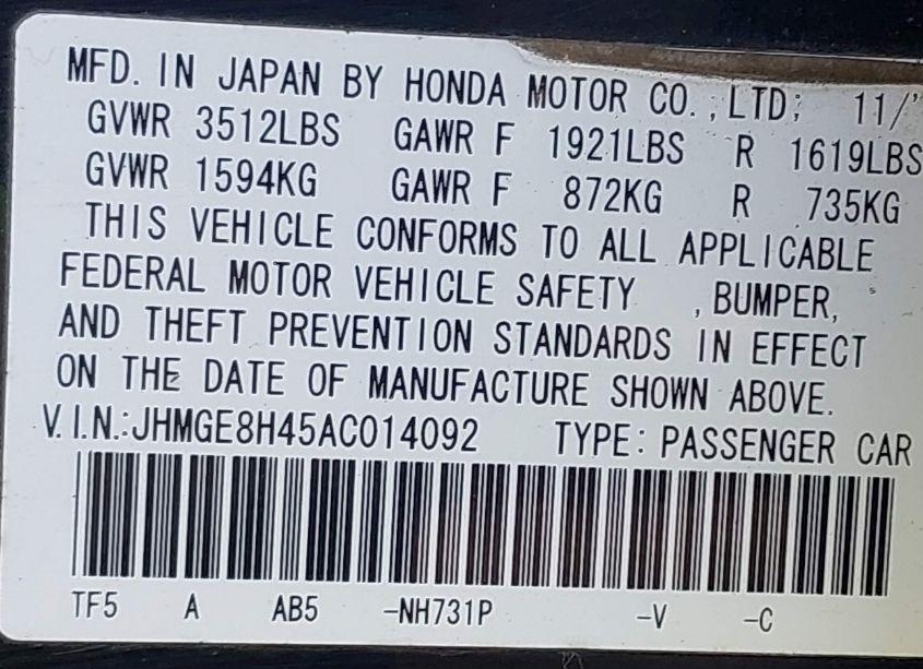 Photo 9 of 2010 Honda Fit SPORT (VIN JHMGE8H45AC014092)