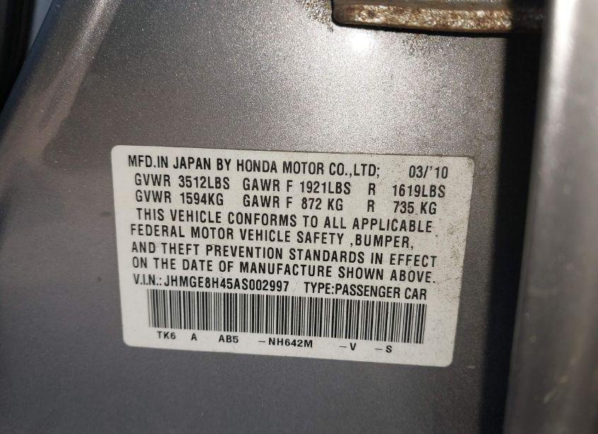 Photo 9 of 2010 Honda Fit SPORT (VIN JHMGE8H45AS002997)