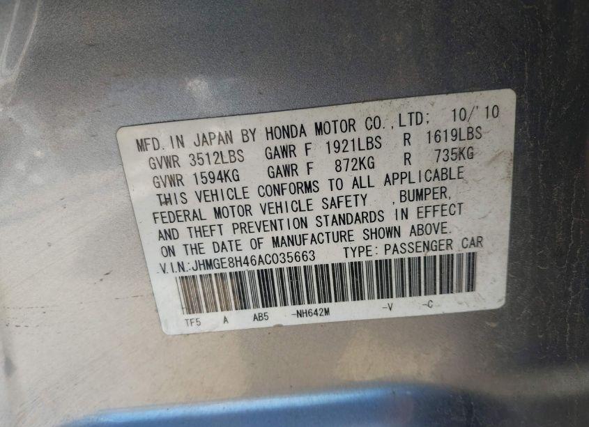 Photo 9 of 2010 Honda Fit SPORT (VIN JHMGE8H46AC035663)