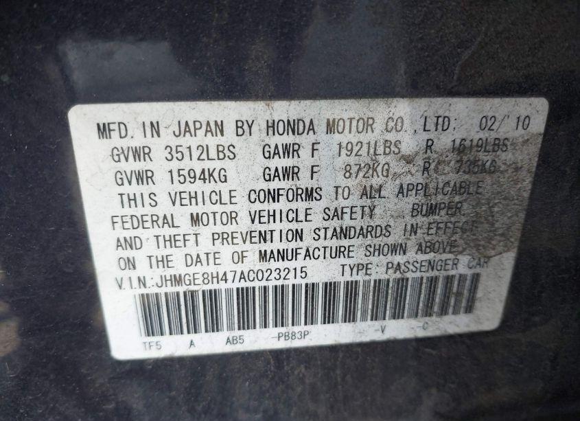 Photo 9 of 2010 Honda Fit SPORT (VIN JHMGE8H47AC023215)