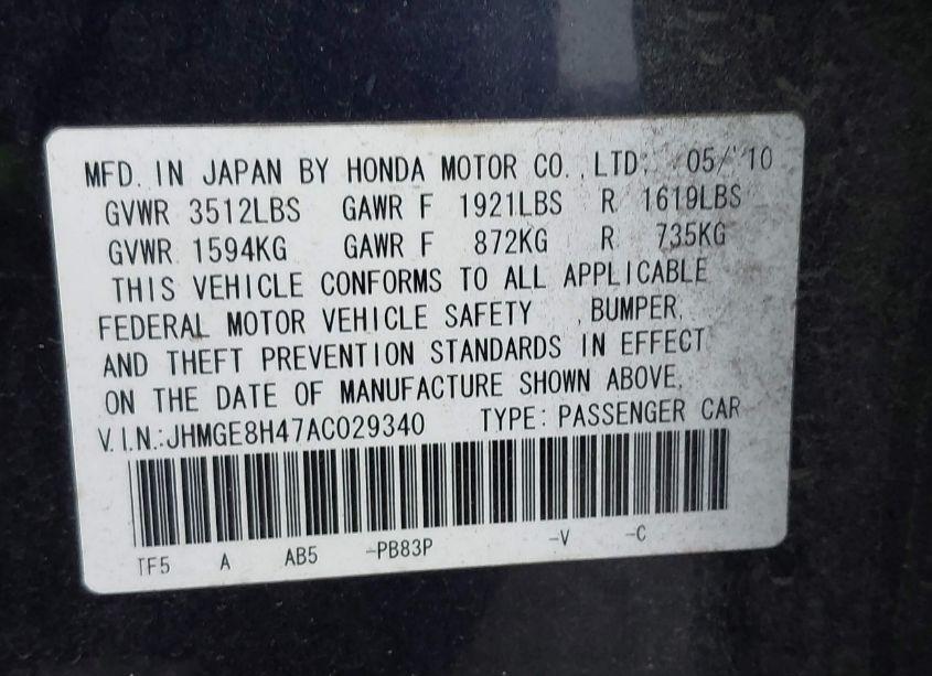 Photo 9 of 2010 Honda Fit SPORT (VIN JHMGE8H47AC029340)