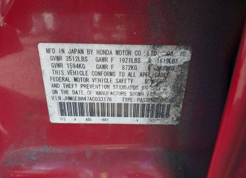 Photo 9 of 2010 Honda Fit SPORT (VIN JHMGE8H47AC033176)