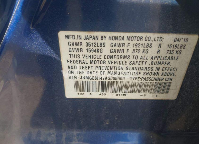 Photo 9 of 2010 Honda Fit SPORT (VIN JHMGE8H47AS005500)