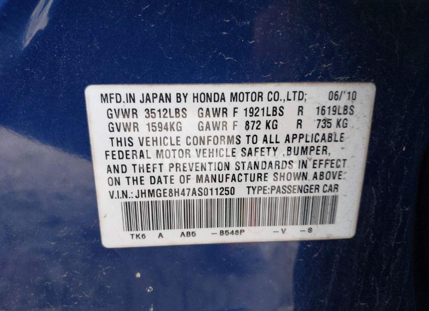 Photo 9 of 2010 Honda Fit SPORT (VIN JHMGE8H47AS011250)