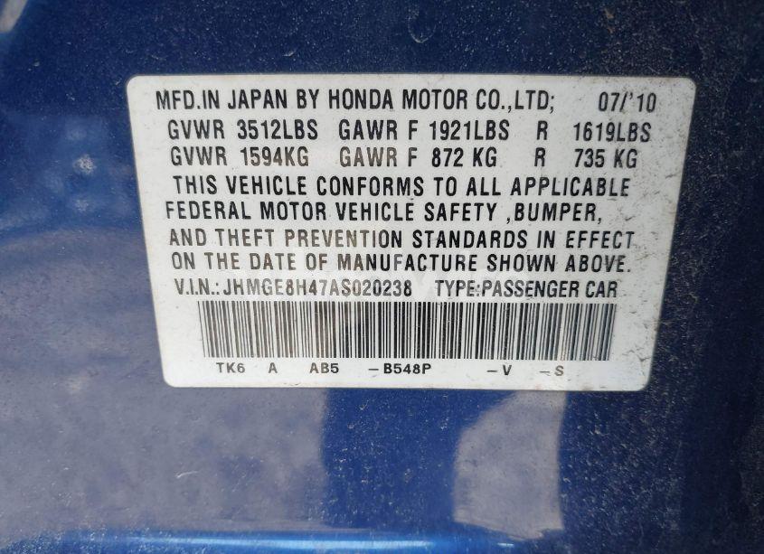 Photo 9 of 2010 Honda Fit SPORT (VIN JHMGE8H47AS020238)