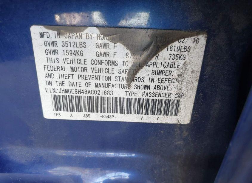 Photo 9 of 2010 Honda Fit SPORT (VIN JHMGE8H48AC021683)