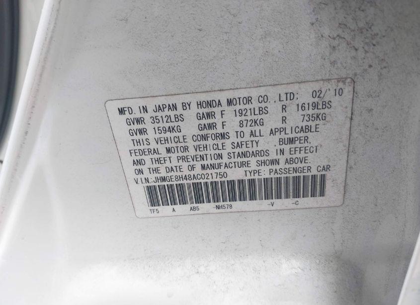 Photo 9 of 2010 Honda Fit SPORT (VIN JHMGE8H48AC021750)