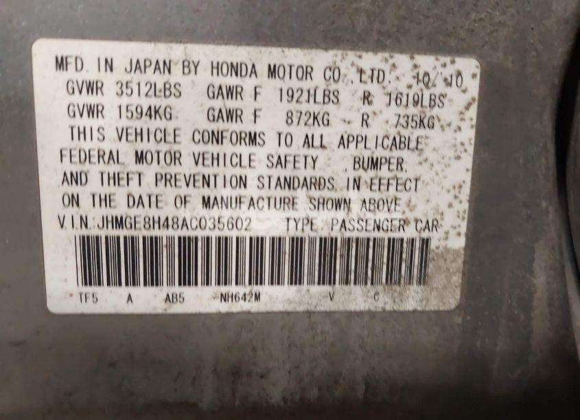 Photo 9 of 2010 Honda Fit SPORT (VIN JHMGE8H48AC035602)