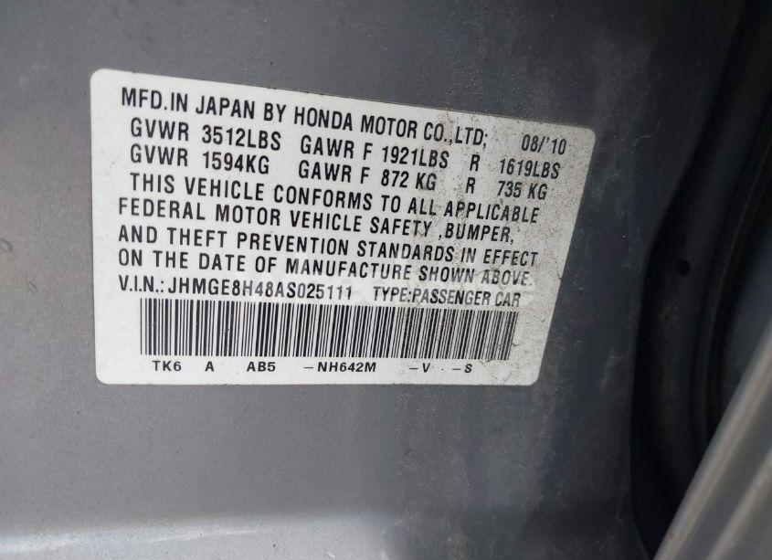 Photo 9 of 2010 Honda Fit SPORT (VIN JHMGE8H48AS025111)