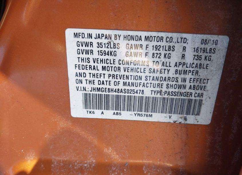 Photo 9 of 2010 Honda Fit SPORT (VIN JHMGE8H48AS025478)