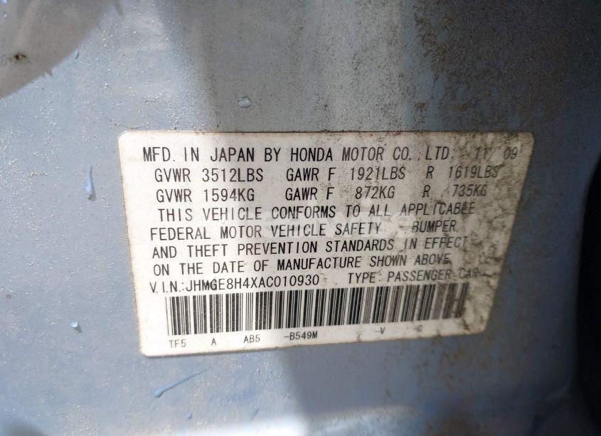 Photo 9 of 2010 Honda Fit SPORT (VIN JHMGE8H4XAC010930)