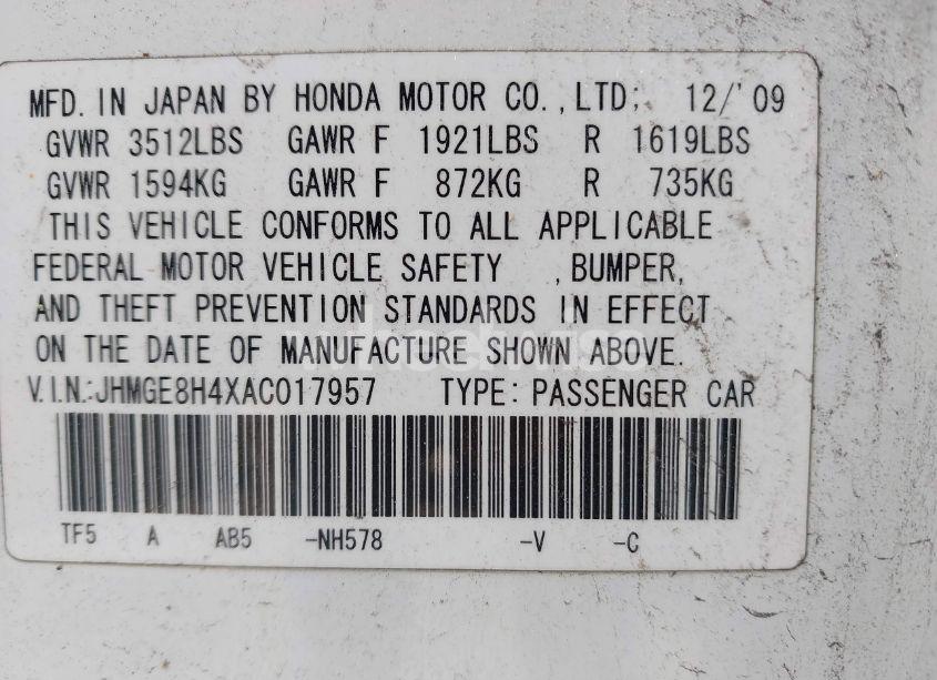 Photo 9 of 2010 Honda Fit SPORT (VIN JHMGE8H4XAC017957)