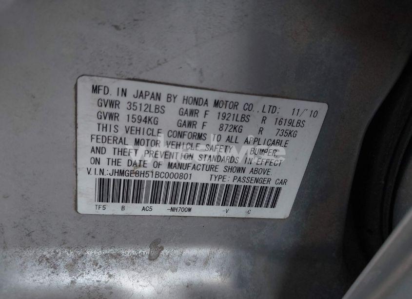 Photo 9 of 2011 Honda Fit SPORT (VIN JHMGE8H51BC000801)