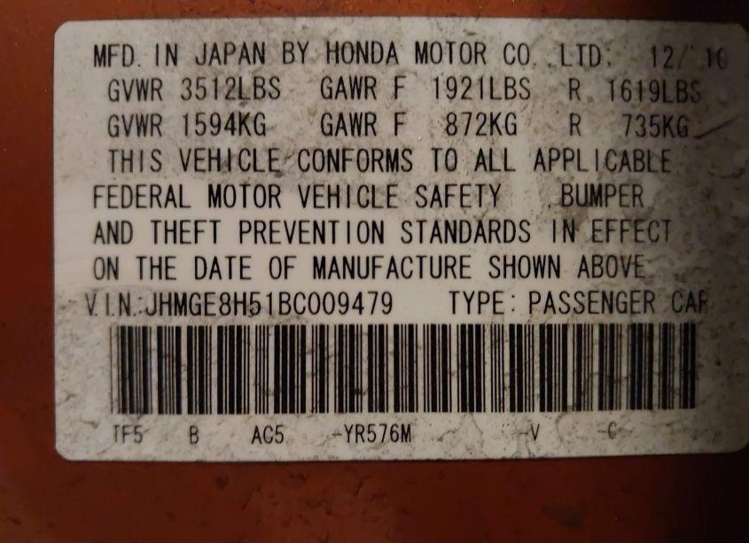 Photo 9 of 2011 Honda Fit SPORT (VIN JHMGE8H51BC009479)