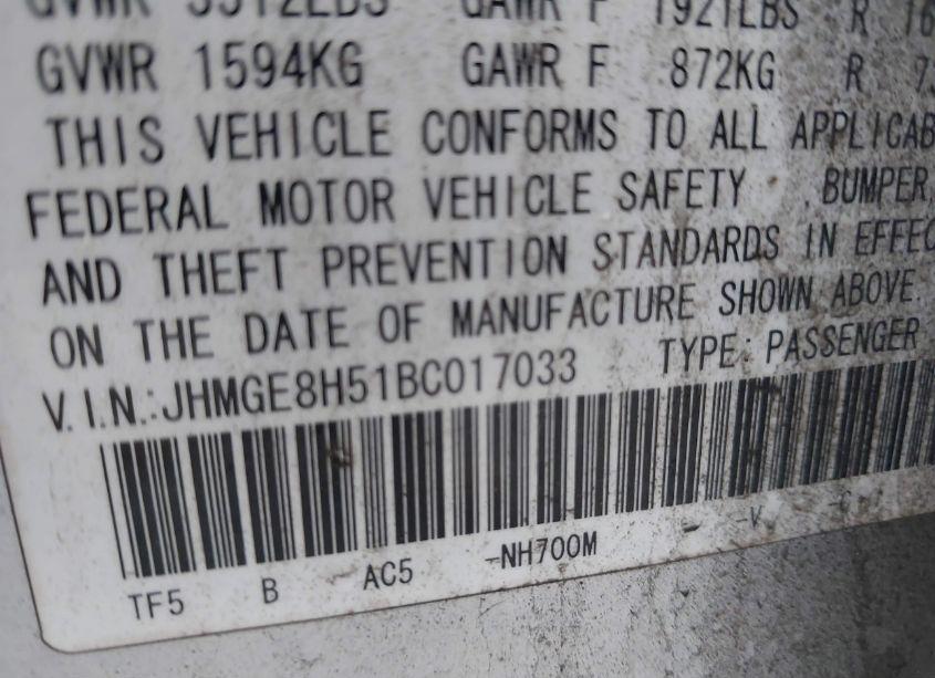 Photo 9 of 2011 Honda Fit SPORT (VIN JHMGE8H51BC017033)