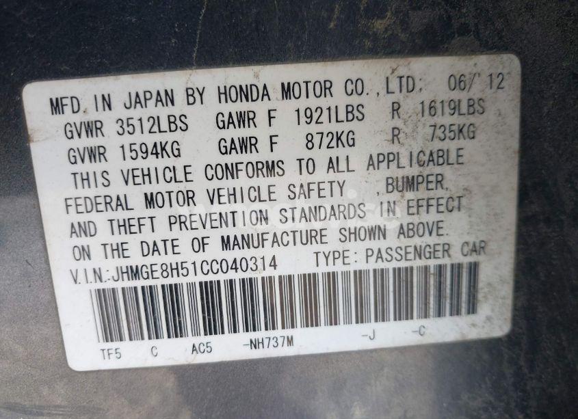 Photo 9 of 2012 Honda Fit SPORT (VIN JHMGE8H51CC040314)