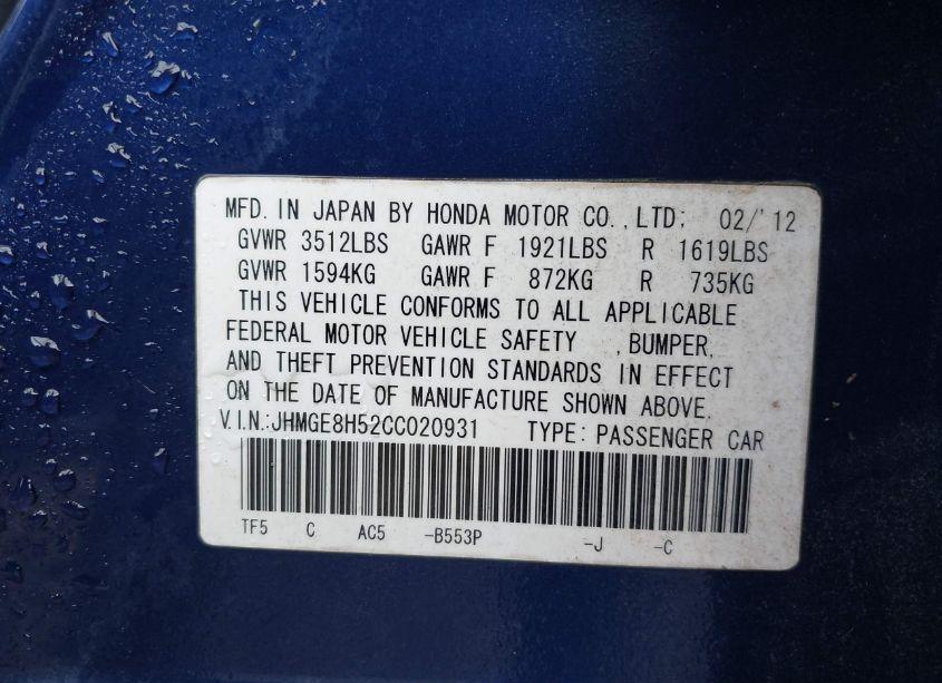 Photo 9 of 2012 Honda Fit SPORT (VIN JHMGE8H52CC020931)