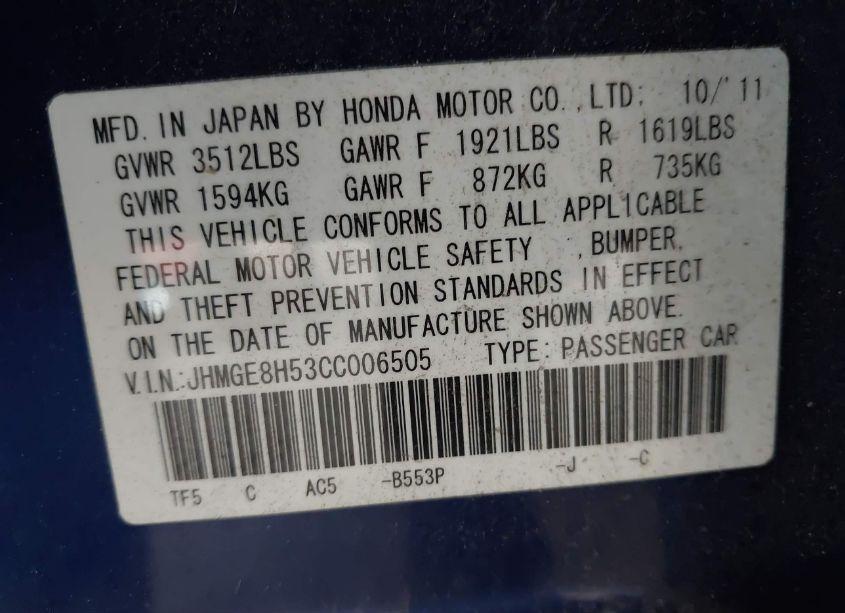 Photo 9 of 2012 Honda Fit SPORT (VIN JHMGE8H53CC006505)