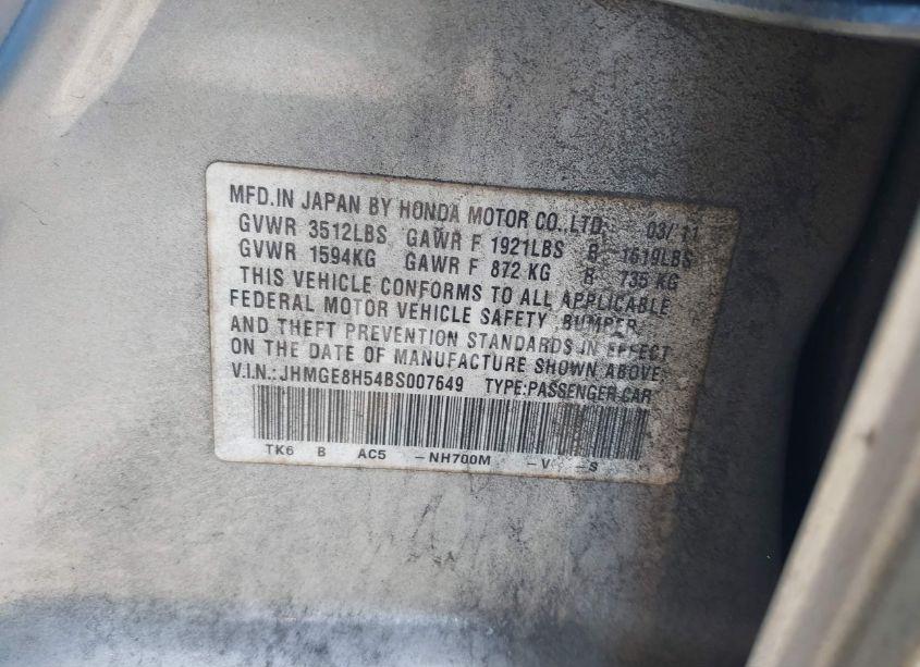 Photo 9 of 2011 Honda Fit SPORT (VIN JHMGE8H54BS007649)