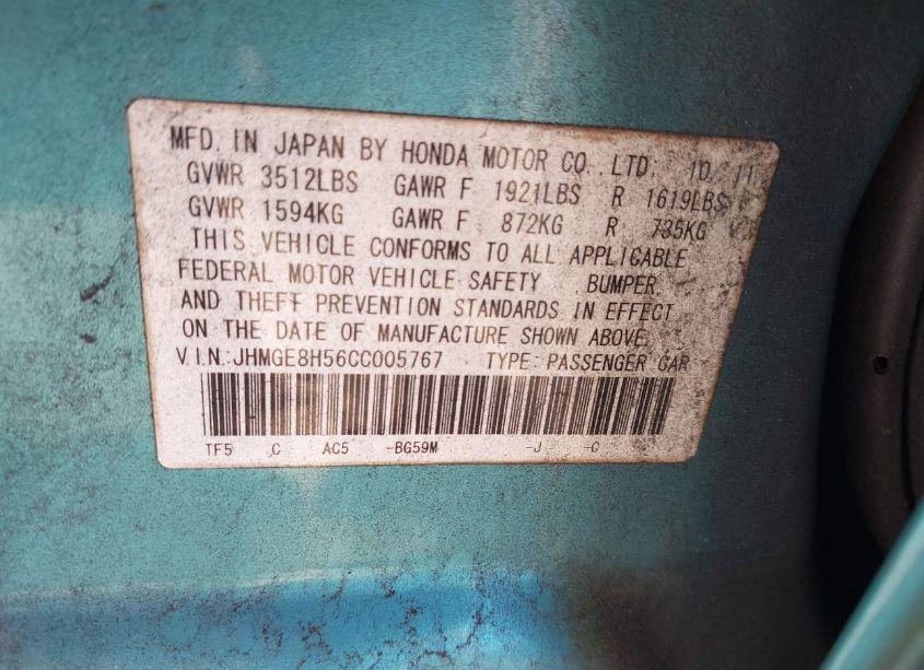 Photo 9 of 2012 Honda Fit SPORT (VIN JHMGE8H56CC005767)