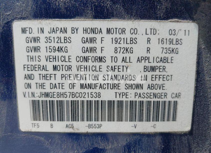 Photo 9 of 2011 Honda Fit SPORT (VIN JHMGE8H57BC021538)