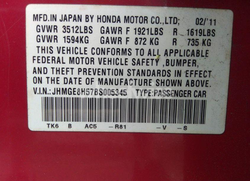Photo 9 of 2011 Honda Fit SPORT (VIN JHMGE8H57BS005345)