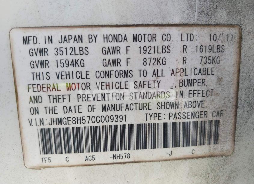 Photo 9 of 2012 Honda Fit SPORT (VIN JHMGE8H57CC009391)