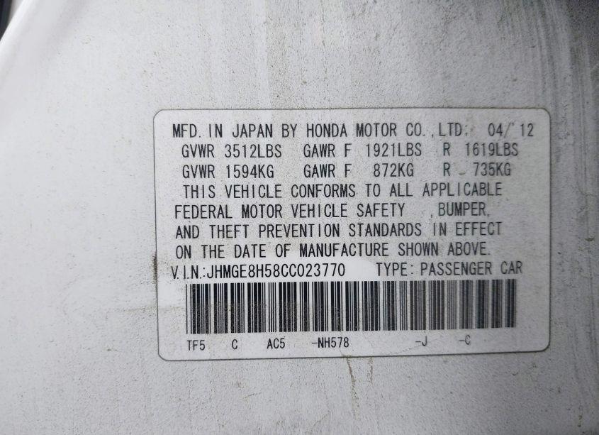 Photo 9 of 2012 Honda Fit SPORT (VIN JHMGE8H58CC023770)