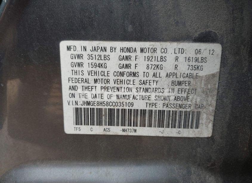 Photo 9 of 2012 Honda Fit SPORT (VIN JHMGE8H58CC035109)