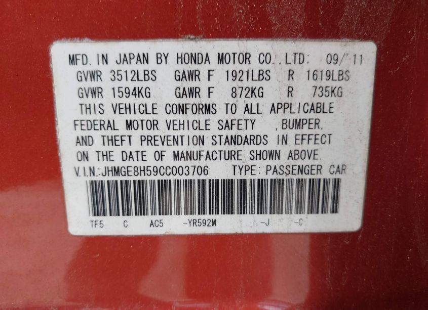 Photo 9 of 2012 Honda Fit SPORT (VIN JHMGE8H59CC003706)