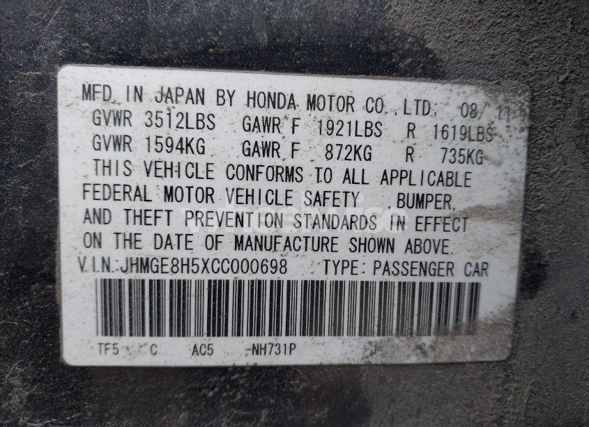 Photo 9 of 2012 Honda Fit SPORT (VIN JHMGE8H5XCC000698)