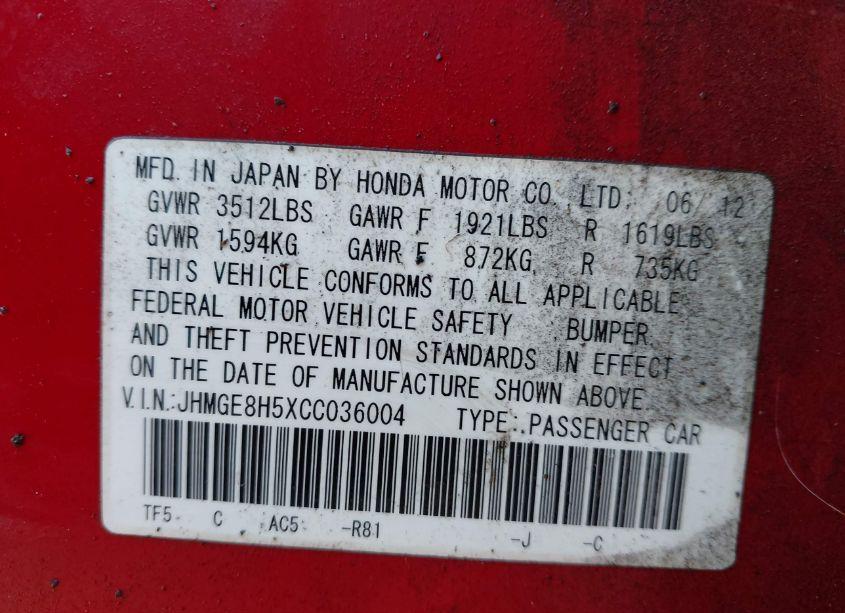 Photo 9 of 2012 Honda Fit SPORT (VIN JHMGE8H5XCC036004)