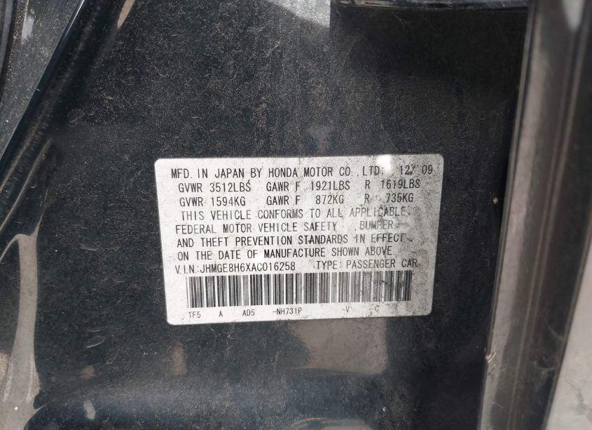 Photo 9 of 2010 Honda Fit SPORT (VIN JHMGE8H6XAC016258)