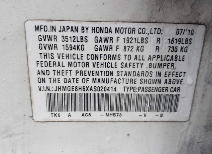 Photo 9 of 2010 Honda Fit SPORT (VIN JHMGE8H6XAS020414)